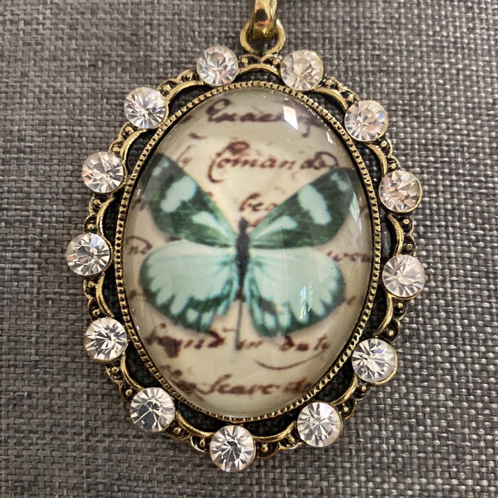 Rhinestone Butterfly Pendant Gold Tone Chain